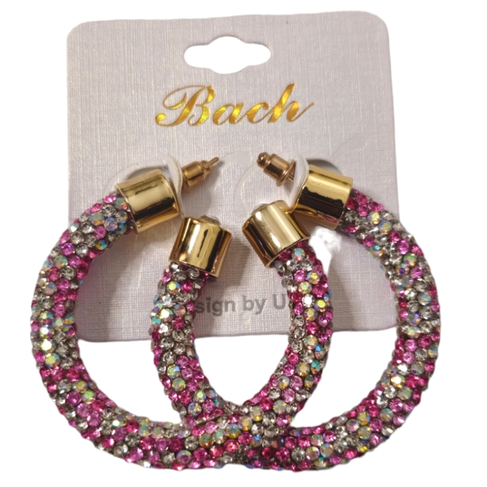 Glam Pink Silver Gold Bling Hoop Earrings w/ Faux Crystal